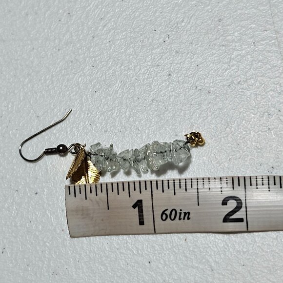 Elegant Handcrafted Quartz Chip Gold Tone Leaf Dangle Earrings Boho Jewelry - Picture 4 of 4